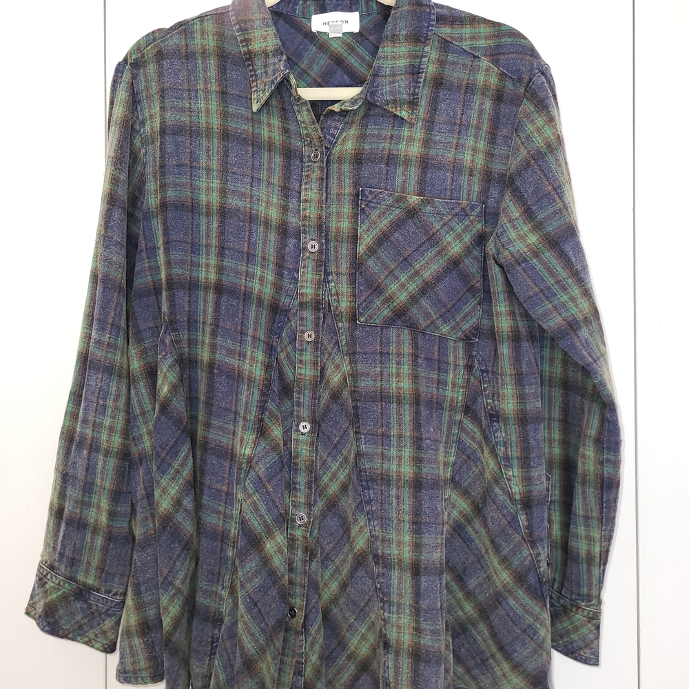 Heyson-Med, Peplum Style Plaid Button Down Shirt - Blue and Green